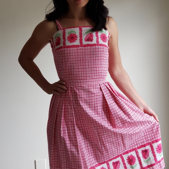 1950s Vintage Spring Pink Fit and Flare Dress Floral Border Frock - Picture 3 of 8